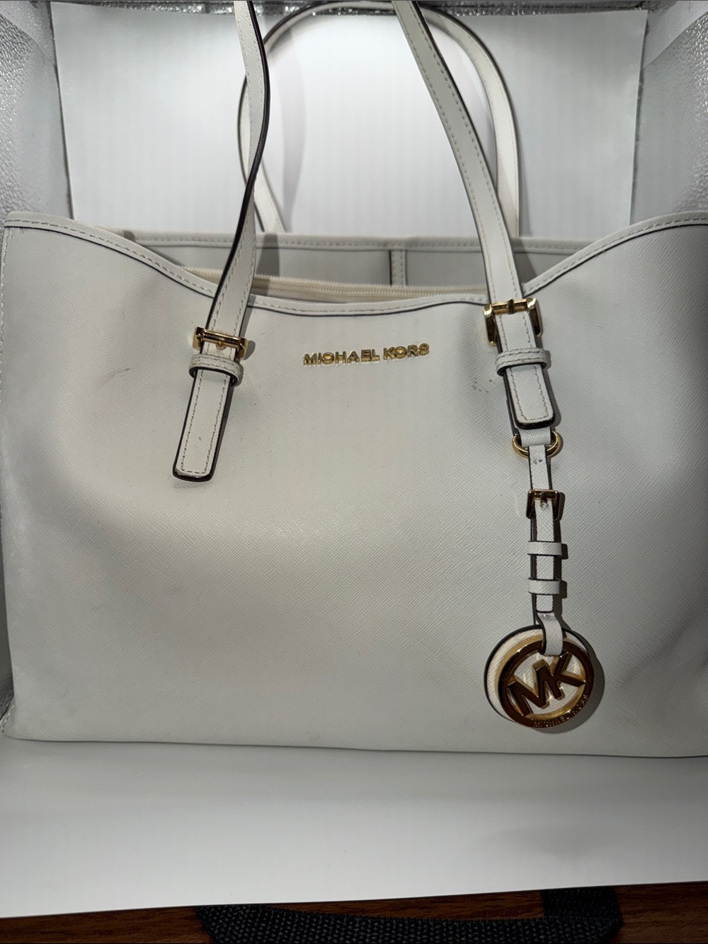 Michael Kors White Leather Tote with Gold Accents